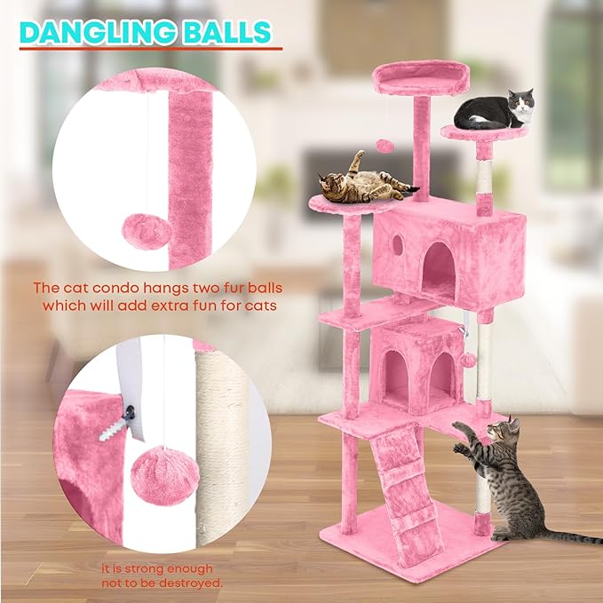 FDW Cat Tree 70in Cat Tower Multi-Level Durable Cat Scratching Post & Cozy Fun Cat Jumping Platform Space Saving Cat Condo Pet Play House for Indoor Cats,Pink-PawvioPets