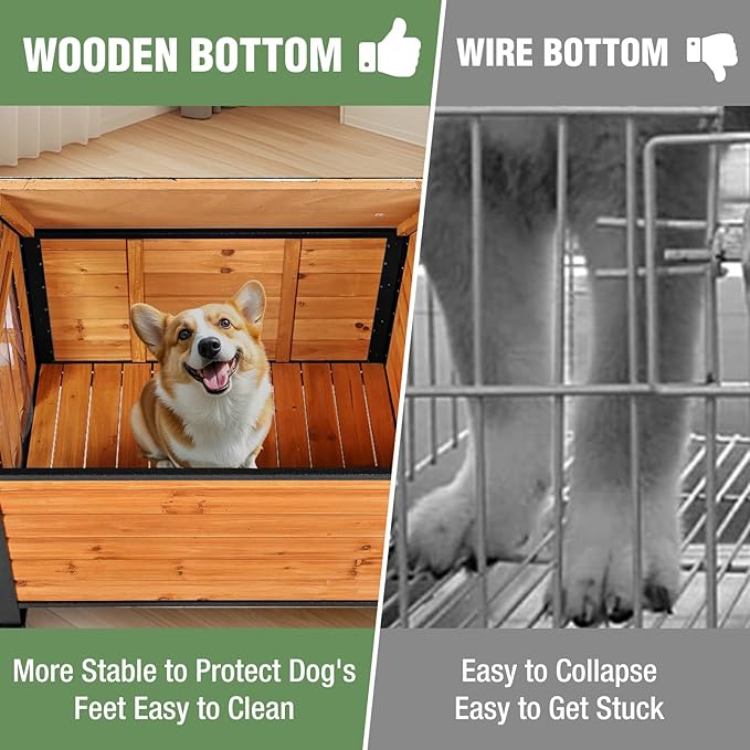 Dog House Outdoor with Anti-Chewing Iron Frame, Weatherproof Dog Kennel with Porch and Raised Feet for Small Medium Large Dogs Indoor (Brown, 45" x 32.9" x 32.6")-PawvioPets