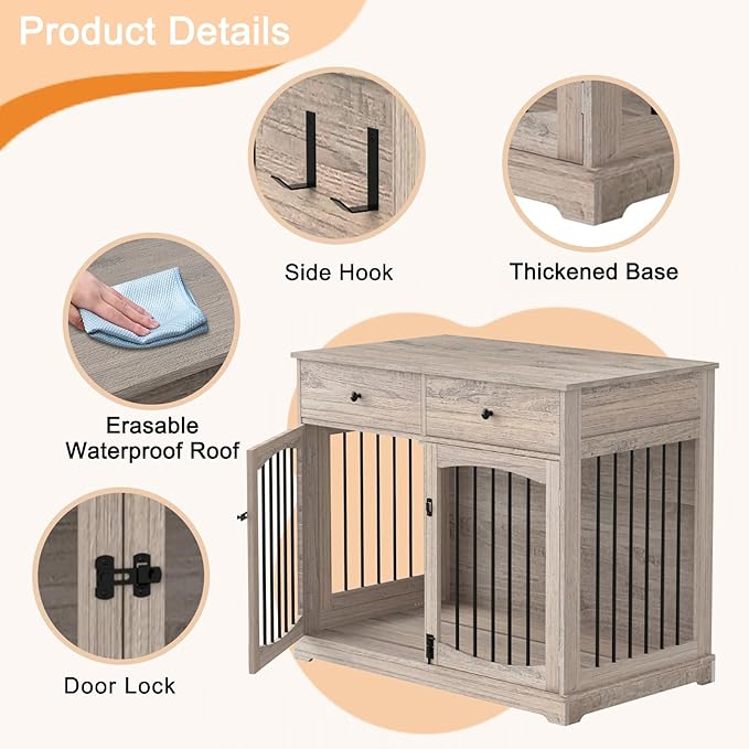BREEZEHEAT 40 inch Dog Crate Furniture-Farmhouse Dog Kennel with Drawers-End Table Wooden Pet Crate, Double Door Design, Decorative Dog House Indoor for Small Medium Large Dog, Oak Grey-PawvioPets