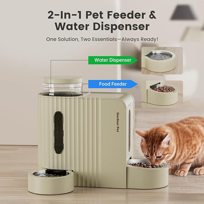 Gardner Pet Gravity Automatic 2-in-1 Pet Feeder, 0.8 Gallons*2 Cat Feeder and Water Dispenser Set, 100% BPA-Free Feeder and Stainless Steel Water Dispenser for Dogs, Cats, Rabbits, Puppies (Beige)-PawvioPets