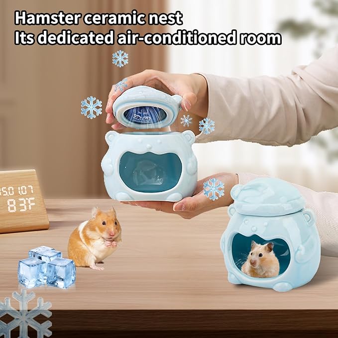 3-in-1 Bear Shaped Ceramic Hamster House - Cool House for Syrian Dwarf Hamsters, Mice, Gerbils， Small Pets, Top for Hamster Food, Removable Lid for Ice Packs, Cute Cool Hideout for Summer（Blue）-PawvioPets