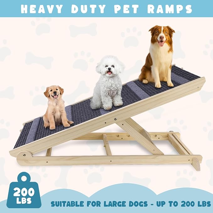 Dog Ramp for Bed, 6 Adjustable Height from 13.8" to 25.6", Folding Portable Wooden Pet Ramp for Small Dogs - Non-Slip High Traction Dog Ramp for High Bed Couch and Car Up to 200lbs-PawvioPets