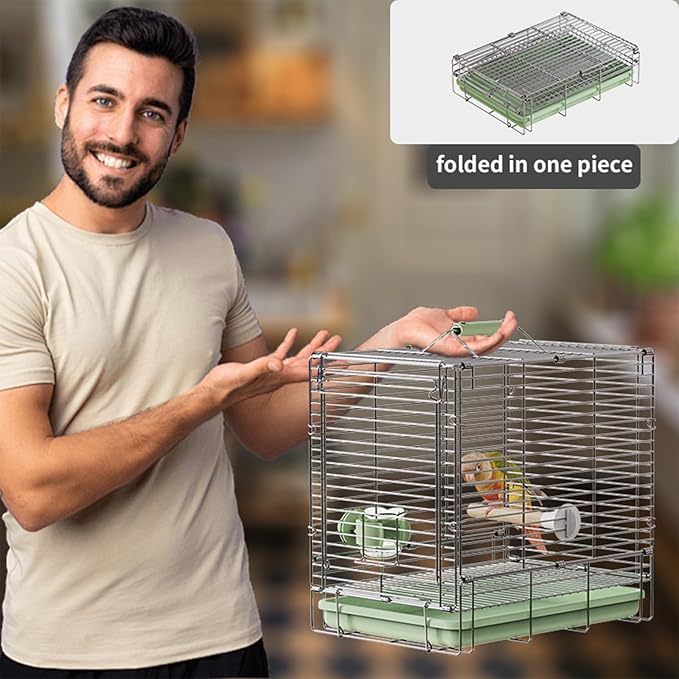 Bird Carrier Travel Cage - 304 Stainless Steel Portable Folding Bird Travel Cage with Parrot Feeder Cups & Standing Perch for Smaller Birds Conures Lovebird Cockatiel Parakeets (Green)-PawvioPets