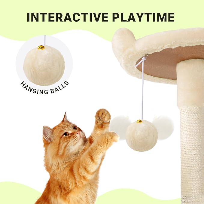 Allewie 64 Inches Cat Tree Tower/Multi-Level Activity Center for Indoor Big Felines/2 Plush Condos/2 Perchs/Basket/House/Sisal Scratching Posts/Hanging Cat Toys/Beige-PawvioPets