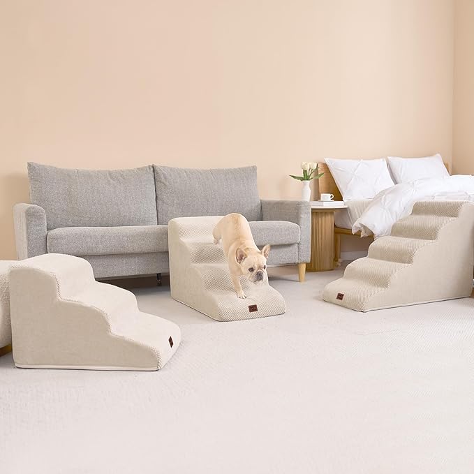 EHEYCIGA Curved Dog Stairs Ramp for Small Dogs 15.7" H, 3-Step Dog Steps for Couch Sofa and Chair, Pet Stairs for Cats, Non-Slip Balanced Pet Steps Indoor, Beige-PawvioPets