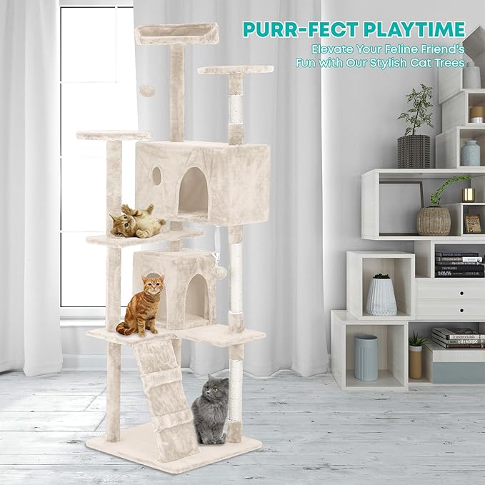 FDW Cat Tree 70in Cat Tower Multi-Level Durable Cat Scratching Post & Cozy Fun Cat Jumping Platform Space Saving Cat Condo Pet Play House for Indoor Cats,Beige-PawvioPets