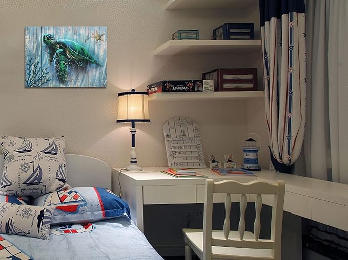 Arjun Bathroom Decor Blue Wall Art Canvas Green Sea Turtle Teal Submarine Picture, Blue Modern Landscape Painting Framed for Living Room Bedroom Home Office Wall Decor, 16"x12"-PawvioPets