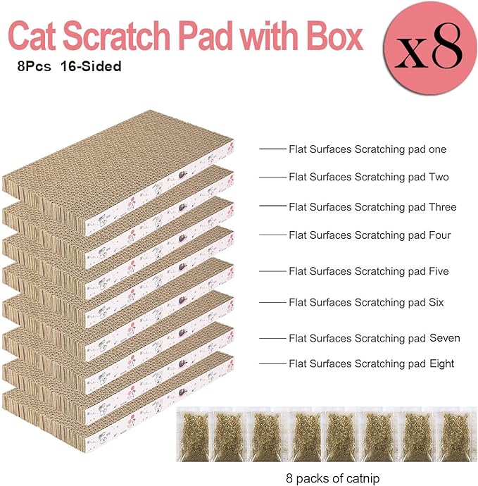 8 Packs in 1 Cat Scratch Pad, Cat Scratcher Cardboard,Reversible,Durable Recyclable Cardboard, Premium Scratch, Suitable for Cats to Rest, Grind Claws and Play-PawvioPets