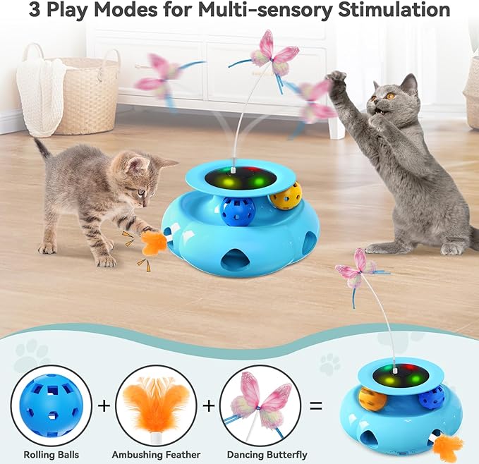 3in1 Interactive Cat Toys for Indoor Cats Rechargeable,Whack a Mole Cat Toy, Fluttering Butterfly, Track Balls, Automatic Kitten Toys Touch Activated, 2 Refill Feather-PawvioPets