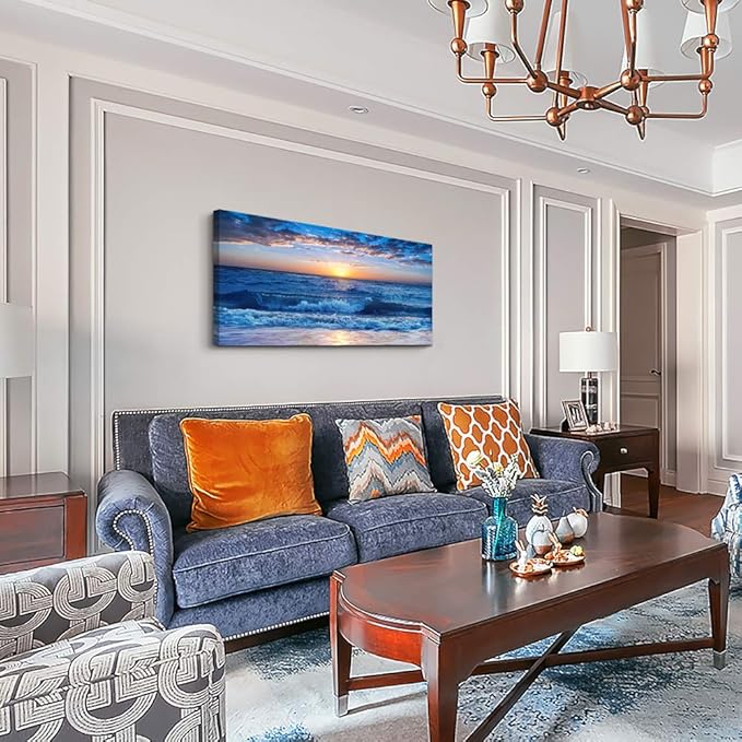 canvas wall art for living room Blue Ocean Sea sun landscape painting bathroom Wall Decor Ready to Hang for Home Decorations office family bedroom kitchen Works canvas Prints pictures 20" x 40"inch-PawvioPets