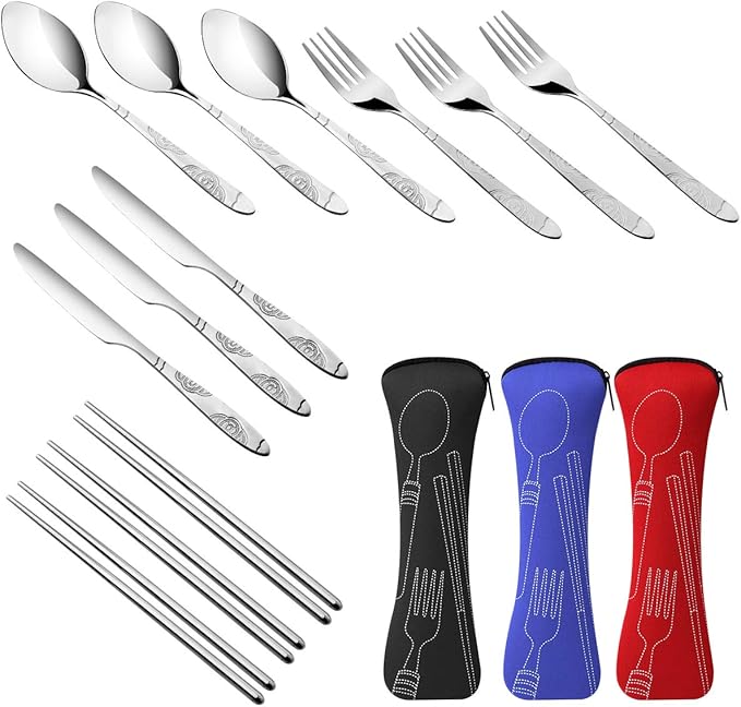 3 Pack Reusable Flatware Sets Knife, Fork, Spoon, Chopsticks, 12Pcs Portable Travel Stainless Steel Tableware Dinnerware with Carrying Case-PawvioPets