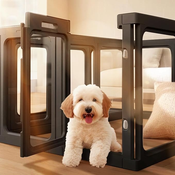 Acrylic Clear Dog Play Pen Indoor, Plastic Puppy Playpen with Door, Clear PlayPen for Dog Cat Rabbit Ferret, Easy Assemble Pen, Preferable Small Cage, 23.6" H, 10PCS, Black-PawvioPets