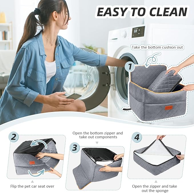 Dog Car Seat for Small Medium Dogs, Memory Foam Puppy Dog Booster Seat with Thick Cushion for Dogs Under 35lbs, Detachable Washable Pet Car Seat Travel Bed with Storage Pockets,2 Safety Belts-PawvioPets