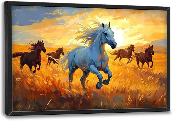 Framed Large Horse Wall Art for Living Room, Oversized Running Horses Wall Decor, Sunset Field Landscape Canvas Painting Home Decoration for Living Room Bedroom Dining Room Office 36"x24"-PawvioPets