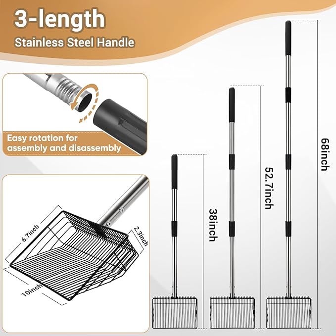 10inch Large Metal Chicken Poop Scooper, 24 to 68" Long Chicken Coop Litter Scoop with Stainless Steel Handle, 4 in 1 Multifunctional Heavy Duty Litter Sifting Shovel Chicken Coop Accessories-PawvioPets