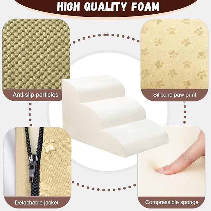 Dog Stairs for Small Dogs - High Density Foam Pet Steps, Extra Wide Dog Ramp with Non-Slip Bottom for High Beds, Couch and Sofa, Best for Dogs Injured, Older Doggy Cats,3 Steps, Camel-PawvioPets