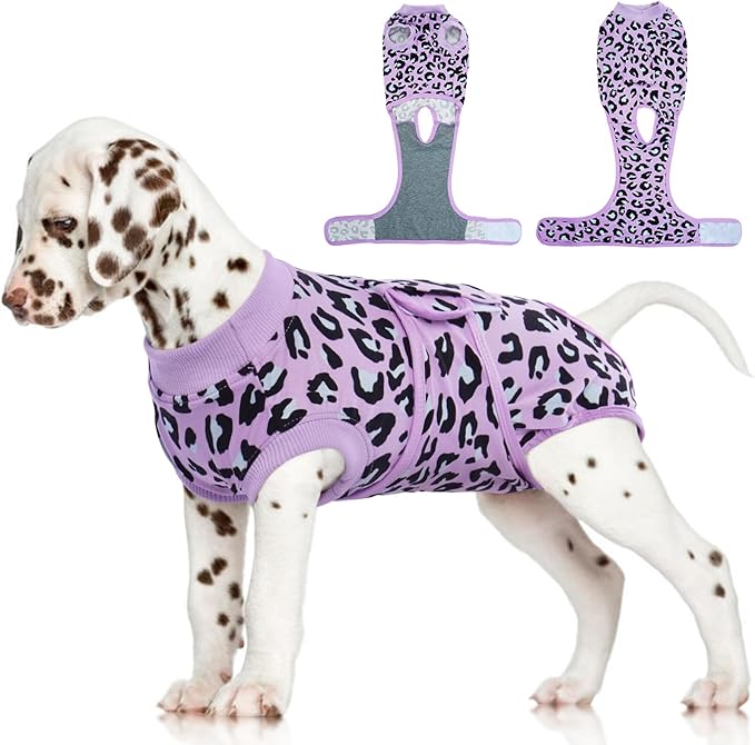 FUAMEY Recovery Suit for Dogs After Surgery,Soft Breathable Dog Bodysuit E-Collar & Cone Alternative Surgical Suit,Male Female Dog Neuter Spay Suits Anti Licking Wounds Onesie Purple Leopard XS-PawvioPets
