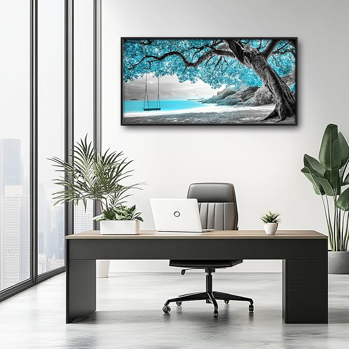 Extra Large Framed Abstract Tree Wall Art,Black and White Tree of Life Wall Decor,Blue Teal Sea Pictures for Living Room,Canvas Print Painting Modern Artwork Bedroom Office Bathroom 60L x 30W-PawvioPets