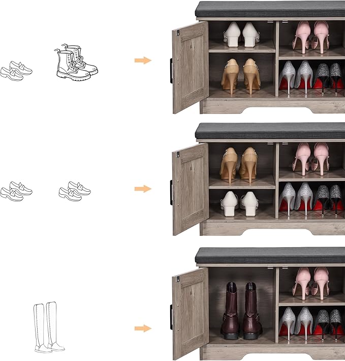 2-Tier Storage Bench, Shoe Bench with Padded Seat Cushion, Entryway Bench with 2 Barn Doors, Adjustable Shelf, 13.8" D x 27.6" W x 17.7" H, for Entryway, Living Room, Bedroom, Greige-PawvioPets