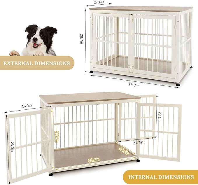 40 Inch Dog Crate Furniture for Large Medium Dogs, Wooden Heavy Duty Dog Kennel with Double Doors, Decorative Pet House Dog Cage Side End Table Indoor, Pet Cage Dog House, Beige-PawvioPets