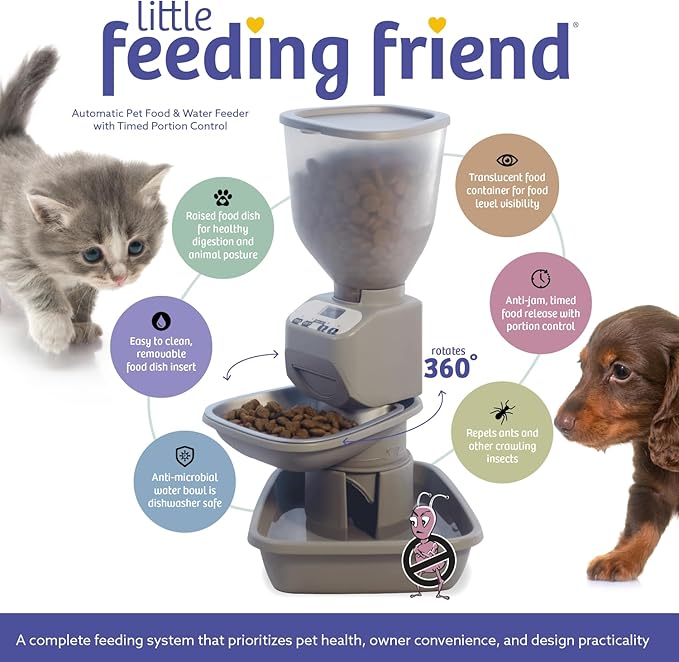 Automatic Dog & Cat Food Feeder with Water Dispenser – Smart Pet Feeder with Portion Control, OLED Display, Anti Jam Design, Battery Operated Dispenser for Small Pets - Taupe-PawvioPets