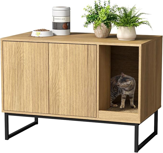 Cat Litter Box Enclosure, Fluted Hidden Litter Box Furniture with Scratch Pad and Metal Legs, Modern Enclosed Cat Cabinet, 31.5 x 17.7 x 21.7 Inches Indoor Pet House for Living Room, Washroom, Natural-PawvioPets