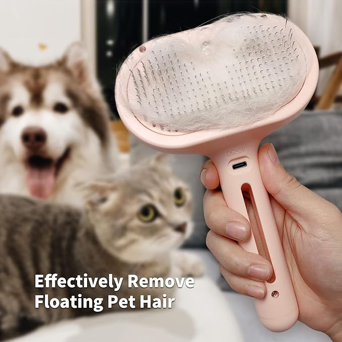 3-in-1 Steam Brush with Release Button and Tank, Anti-Static Pet Brush for Long and Short Hair - Removes Tangles and Loose Hair (Pink)-PawvioPets