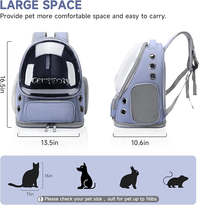 Cat Backpack Carrier, Breathable Cat Carrier Large Space Bubble Pet Backpack for Kitty Small Dog up to 12lbs, Transparent & Foldable Pet Carrier for Travel Hiking (Blue-PawvioPets