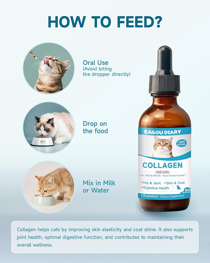Collagen for Cats - Hip and Joint Supplement, Digestive & Immunity Support, Skin & Coat Health, Liquid Collagen for Cats with MSM, Glucosamine, Coconut Oil, Vitamin E, Roast Chicken Flavored, 60ml-PawvioPets