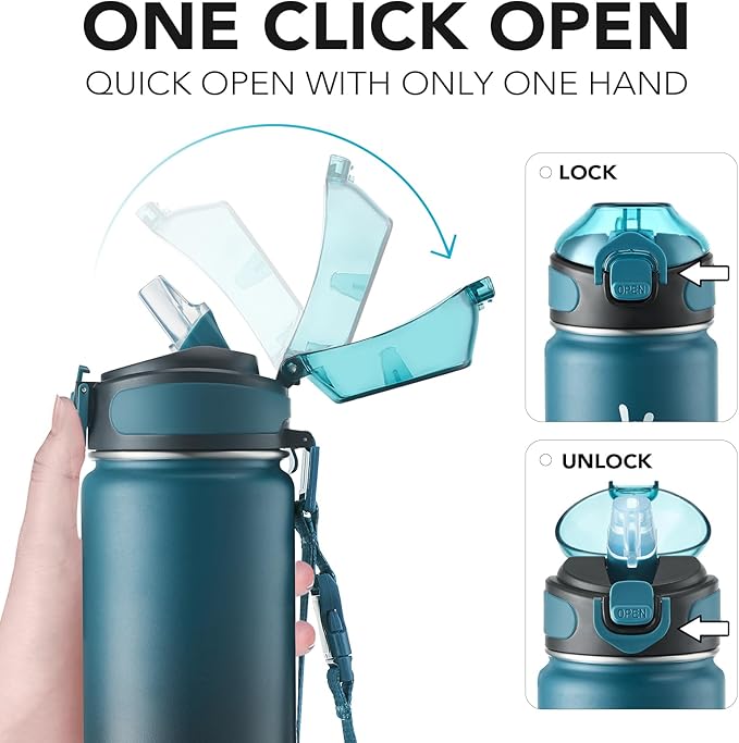 Enerbone 24 oz Insulated Water Bottle, Stainless Steel Bottle with Carrying Strap, Double-Wall Vacuum Insulation Design, Leakproof Sports Bottle with Straw, Keep Drinks Cold or Hot for Hours-PawvioPets