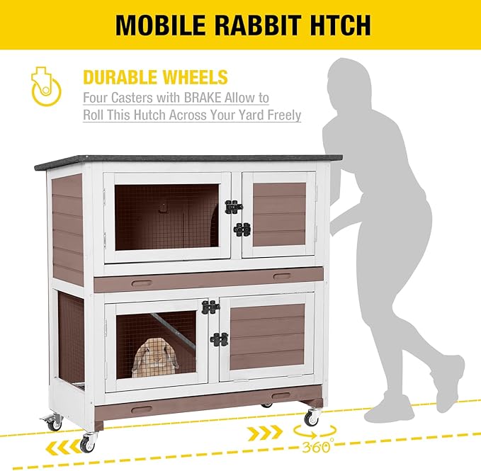 AIVITUVIN Wooden Rabbit Hutch Indoor Outdoor Rabbit Cage with Two Removable Trays Bunny Cage on Wheels Pet House Guinea Pig Cage 2 Story (Brown)-PawvioPets