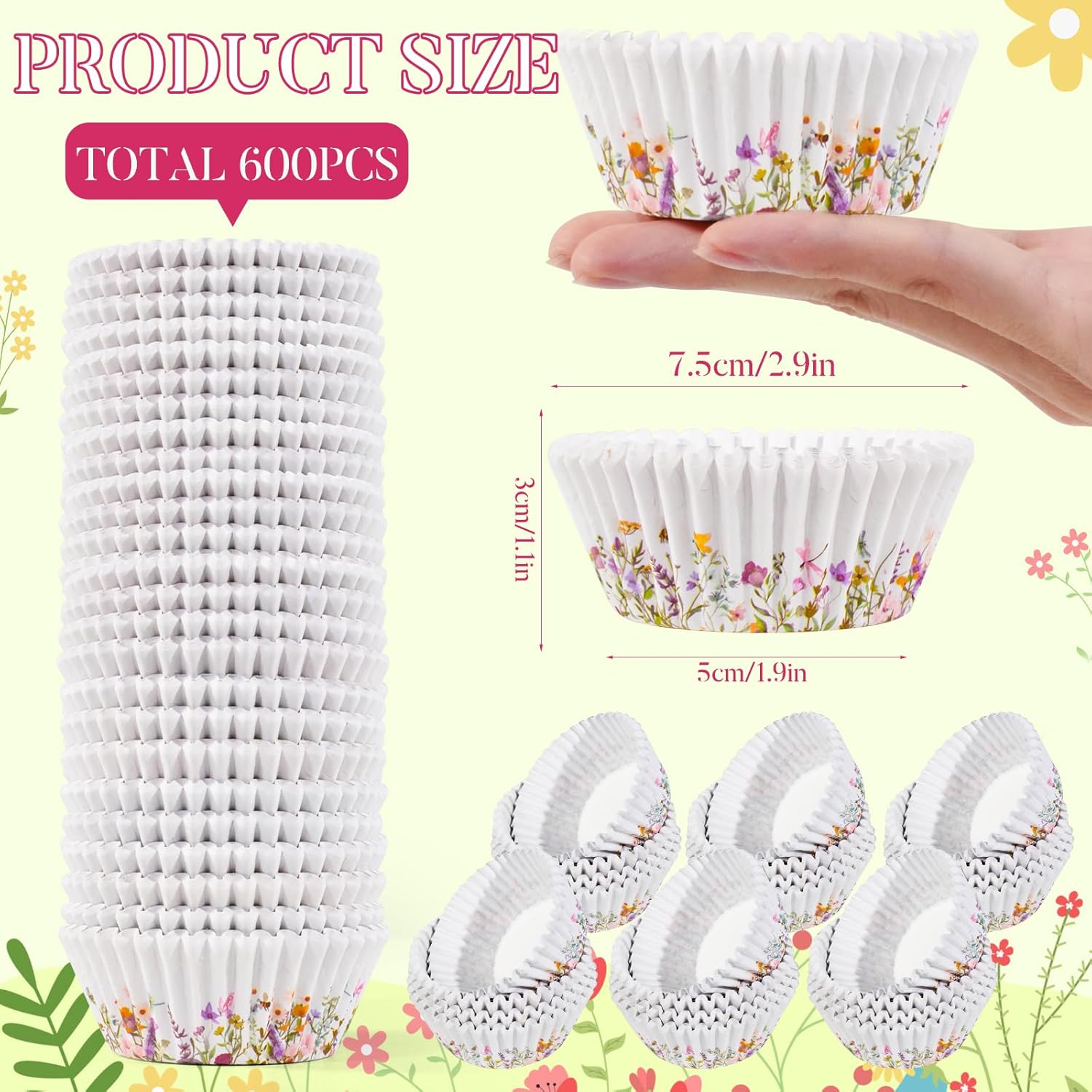 600 Count Elegant Wildflower Cupcake Liners for Baby Showers, Weddings, Spring Birthday Parties - Floral Rustic Theme Party Decorations Supplies