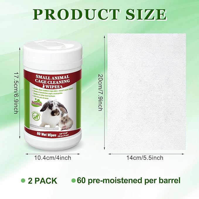 2 Pack Small Animal Cage Wipes 120 Count Small Animal Cage Clean up Wipes Removes Stubborn Caked-on Hamster Cage Cleaner for Pet Bunny Supplies Cleaning Deodorizing-PawvioPets