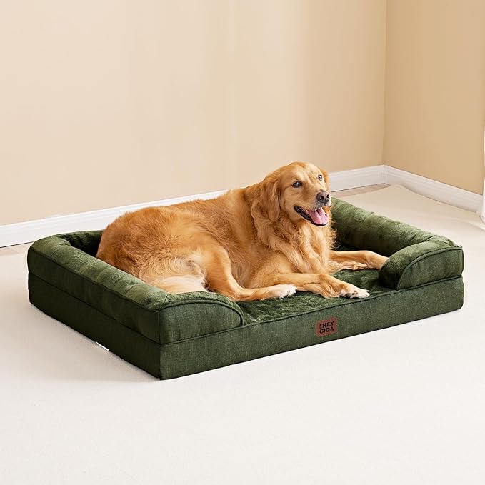 EHEYCIGA Orthopedic Dog Beds for Extra Large Dogs, Waterproof Memory Foam XXL Dog Bed with Sides, Non-Slip Bottom and Egg-Crate Foam Big Pet Couch Bed with Washable Removable Cover, Dark Green-PawvioPets
