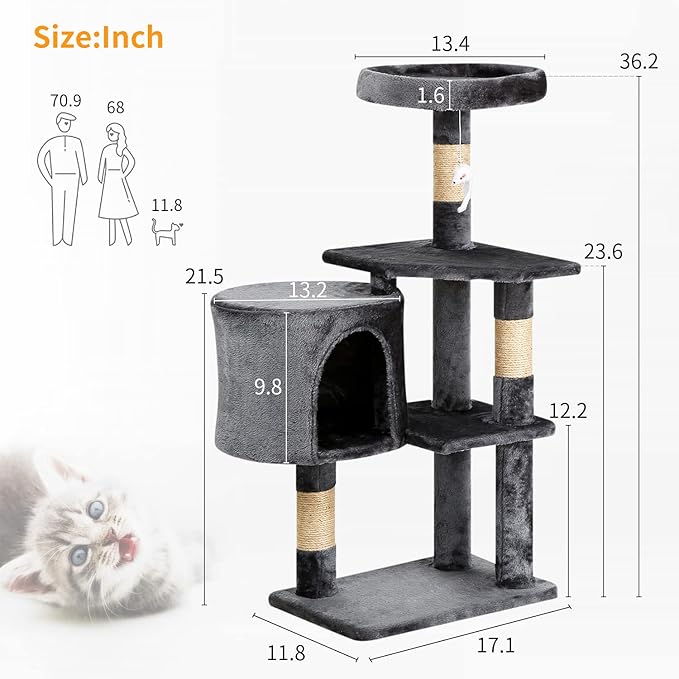 BestPet Cat Tree 36 inch Tall Scratching Toy Activity Centre Cat Tower Cat Condo Multi-Level Furniture Scratching Posts for Indoor Cats,Light Gray-PawvioPets