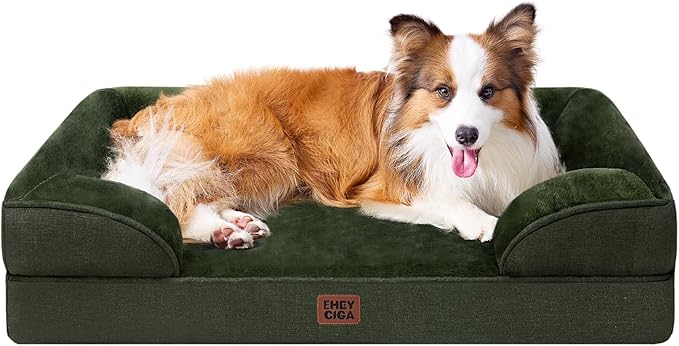 EHEYCIGA Orthopedic Dog Beds for Large Dogs, Waterproof Memory Foam Large Dog Bed with Sides, Non-Slip Bottom and Egg-Crate Foam Pet Couch Bed with Washable Removable Cover, Dark Green-PawvioPets