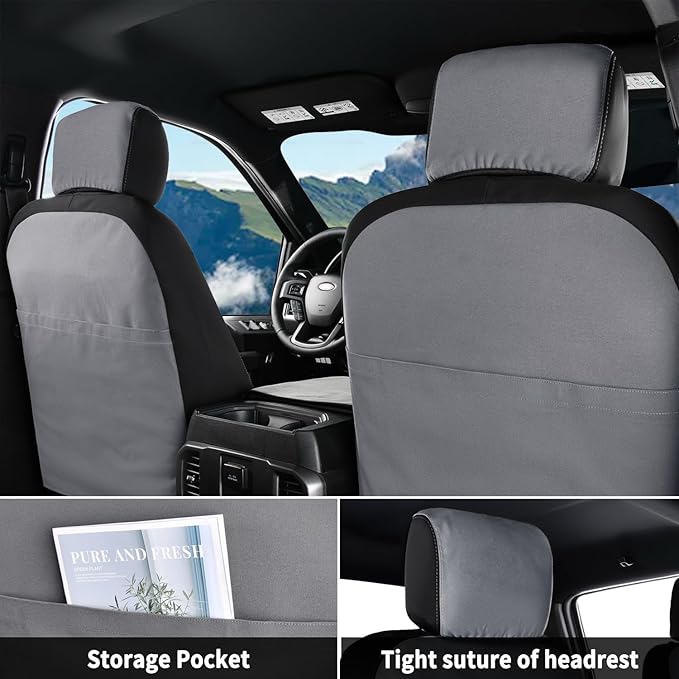 Coverado Front Seat Covers, Waterproof Canvas Seat Protector for Car Seat Cushions for Kids & Dogs, Seat Covers Compatible with 2015-2025 Ford F150 & 2017-2025 Ford F250 F350 F450(Gray, 2PCS)-PawvioPets