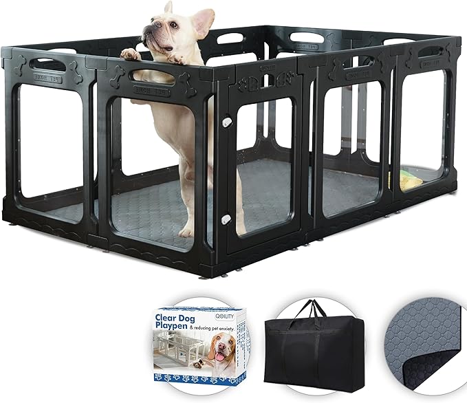 Clear Playpen for Dogs Indoor, Effectively Relieves Indoor Pet Anxiety, 56" x 37" x 23.6"H, Suitable for Dogs and Puppies, Black-PawvioPets
