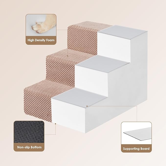 EHEYCIGA Dog Stairs for Small Dogs 13.5" H, 3-Step Dog Steps for Couch Sofa and Chair, Pet Steps for Medium Cats, Non-Slip Balanced Pet Ramp Indoor, Pink-PawvioPets