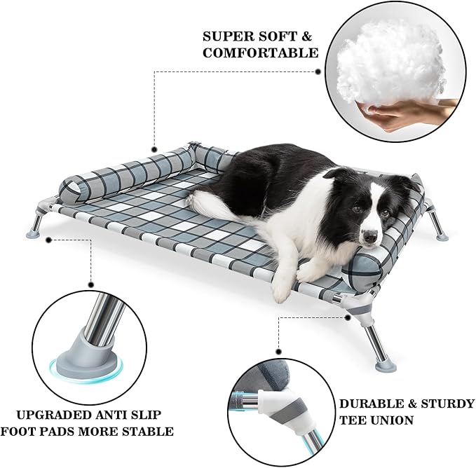 Elevated Raised Dog Bed Cot - Cooling Raised Dog Bed with Bolster Portable Washable Pet Hammock with Pillows & Metal Frame for Indoor & Outdoor, Large-PawvioPets
