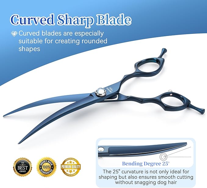 7 inch Matte Blue Curved Dog Grooming Scissors Professional 440C Stainless Steel Dog Shears Smooth Cutting Comfortable Grip and Easy to Use for Groomers and Home Use-PawvioPets