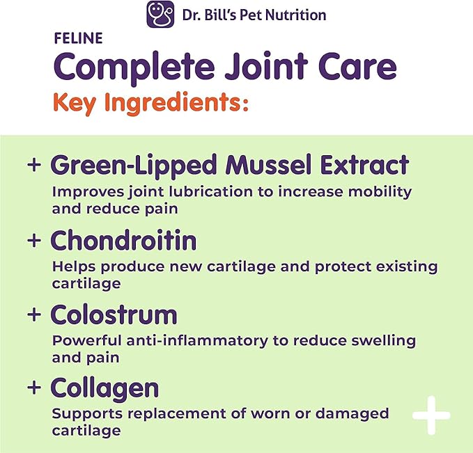 Dr. Bill’s Feline Complete Joint Care | Advanced Hip & Joint Supplement for Cats | Green Lipped Mussel Extract, Collagen Type II, Chondroitin, Hyaluronic Acid, Omega 3 and Colostrum | Powder, 85g-PawvioPets