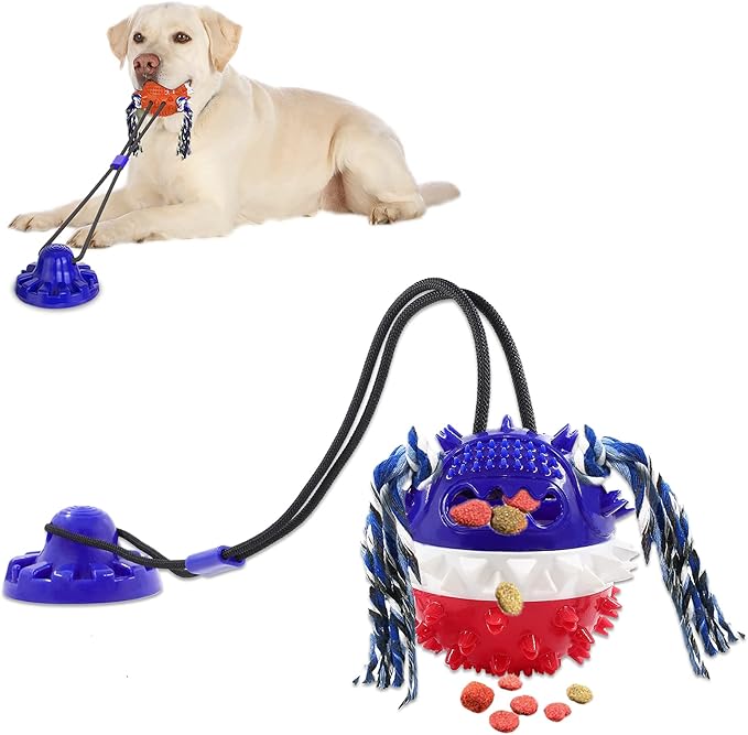 Aggressive Chewer Dog Toys - Rope Toys with Suction Cup, Teething Treats & Puzzle Food Dispensing Ball (Navy Blue)-PawvioPets