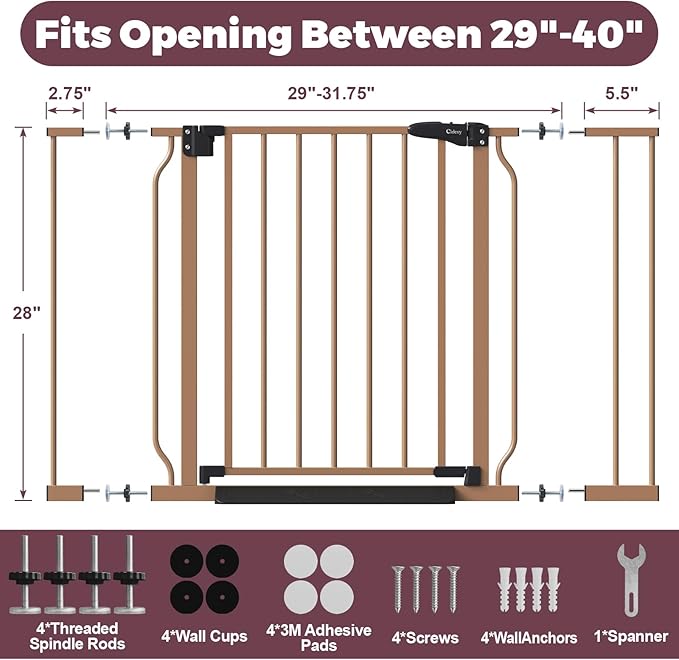 29"-40" Baby Gate for Stairs, Auto Close Stroller Friendly Dog Gate Indoor for Doorways, Pressure Mounted Baby Gate, Easy Walk Through Gate for Children & Pets, Brown-PawvioPets