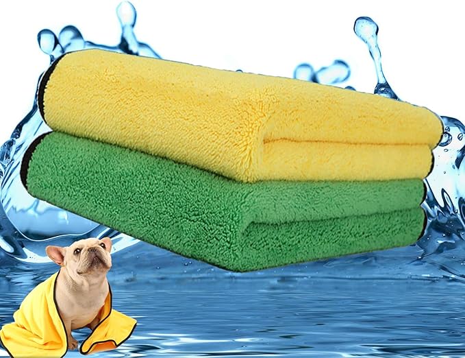 2 Pack Dog Towels Super Absorbent Pet Bath Towel Microfiber Dog Drying Towel for Small Medium Large Dogs and Cats, Machine Washable, 19.7Inch x 39.4Inch, Yellow-Grey & Green-Grey-PawvioPets