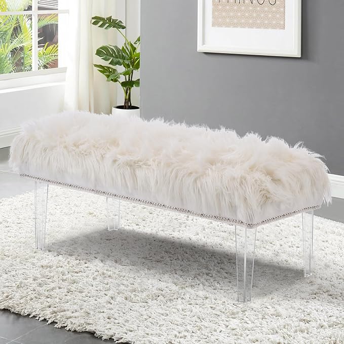 46 Inch White Bedroom Bench, Benches for Bedroom White Faux Fur Upholstered Bed end Bench, Tufting Ottoman Bench Indoor Bench with Acrylic Legs for Living Room Bedroom Entryway-PawvioPets