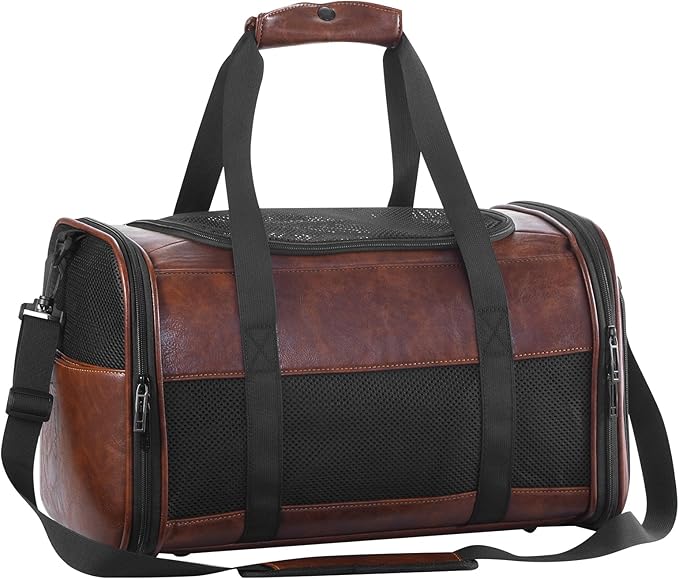 Fashion Leather Dog Carrier, Airline Approved Cat Carrier Soft Sided Pet Bag Carrier Purse for Puppy Kitten Small Animals Coffee-PawvioPets