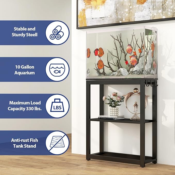 10-20 Gallon Fish Tank Stand with Storage Shelf, Aquarium Stand Measuring 24.8" W x 9.5" D x 30.1" H with Hooks,Heavy Duty Metal Turtle Reptile Tank Stand, Easy Assemble-PawvioPets