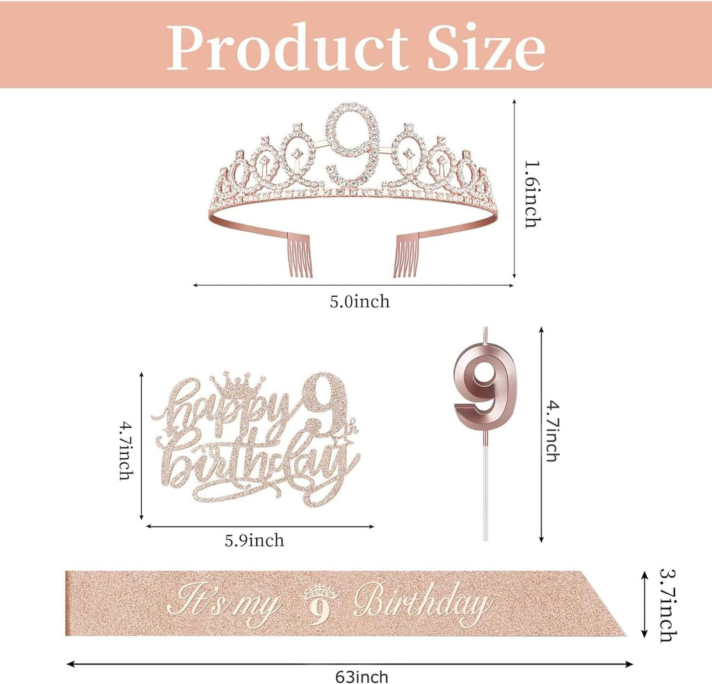 9th Birthday Decorations for Girl Including Sash, Crown, Numeral Candle and Cake Topper, 9 Year Old Girls Party Favor Supplies