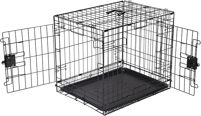Amazon Basics Durable,Foldable Metal Wire Dog Crate with Tray, Double Door, Divider, 24 x 18 x 20 in, Black-PawvioPets